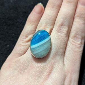 Silver Plated Blue And White Agate Gemstone Oval Statement Ring - Size 5.5-8
